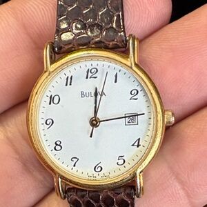 Bulova Gold Watch with Textured Lizard Brown Strap